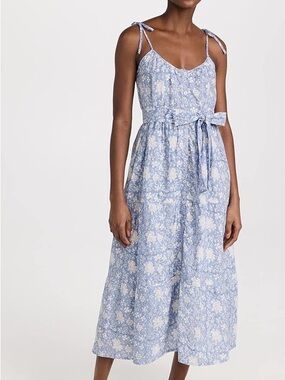 Marea Siesta  - Tie-Shoulder Light Blue Floral Midi Dress with Self-Tie Waist